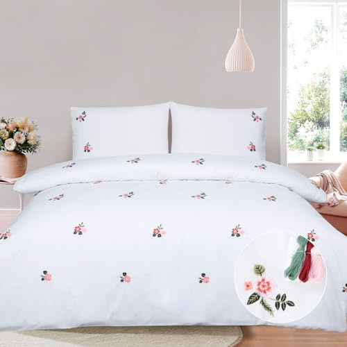 Chlophy Pink Floral Duvet Cover Set Double Bed White Embroidered Flower Girls Luxury Duvet Sets Bedding Cottagecore Fresh Spring Summer Blossom 3Pcs