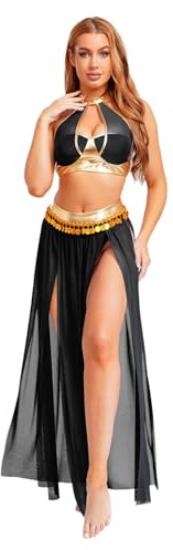 Miutii Damen Bauchtanz Kostüm Orientalisch Prinzessin Kleid Pailletten Bauchtanz Oberteil + Rock Belly Dance Outfits Bauchtänzerin Indische Tanzkleidung Schwarz XXL