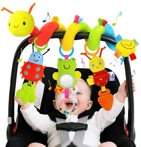 Zendstanding Spiral Car Seat Toys for Infants, 0-6 Months Carseat & Stroller Pram Separable Activity Hanging Toys with Rattle, Teethers, Newborn Soft Plush Travel Toy for Boys Girls Essentials Gifts