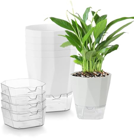 Flower Pots, 6 Piece Self Watering Plant Pots, 12.5cm Plastic Plant Pot | Visual Water Level Window Planter for Garden Plants for Plants for House Garden Window Sill (White)