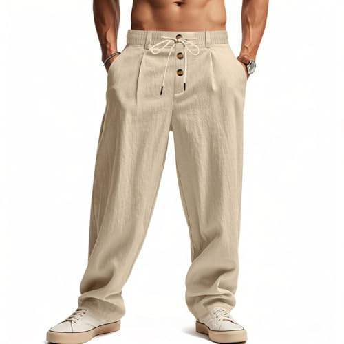 Oanviso Pantalon en Lin Hommes Mode Pantalons avec Cordon de Serrage Boutons Casual Pants Léger Élastique Mince Jambe Large Respirable Pant de Fitness