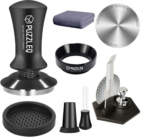 54mm Espresso Accessories Kit, Spring Loaded Calibrated Tamper,mat，WDT Tool，Dosing Funnel，Puck Screen kit，Basket Removal Tool ，Cleaning ClothSet,Fits 54mm Espresso Coffee Machines (54MM)