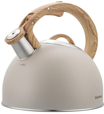 Stahlkessel mit Pfeife für alle Herdarten, Teekessel, modern, elegant, praktisch, Kaffeekessel, Edelstahl Klausberg 2,5L (Beige)