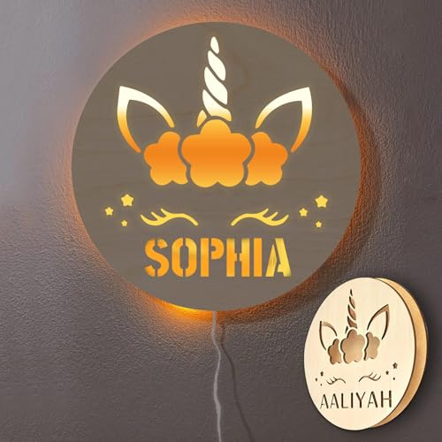 Lampada da parete personalizzata in legno con nome e grazioso unicorno,Lampada decorativa personalizzata con unicorno,Luce notturna da parete per cameretta con nome inciso,Regalo per bambini e bambine