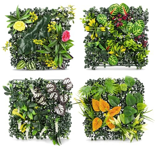Pannelli Muro Vegetale Artificiale 4 Pezzi 25x25cm Pannelli da Parete per Piante Artificiali, Piante Finte da Parete con Foglie Verdi Decorative per Interni Esterni, Giardino, Balcone, Matrimonio (B)