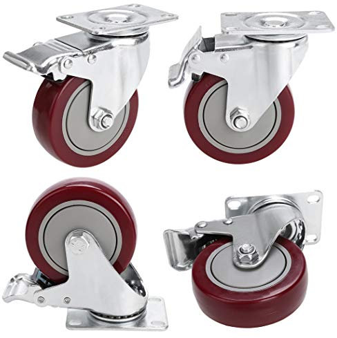 Lot de 4 roulettes pivotantes avec frein - 100 mm - Pour charges lourdes - Charge maximale : 400 kg - Rouge