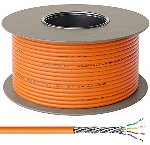 deleyCON 100m CAT.7 Installationskabel Kopparstyv S/FTP PIMF Nätverkskabel Installationskabel LAN-kabel Ethernet Datakabel Gigabit CAT7 10 Gbit 1000 MHz LSZH Halogenfri BauPVO - GHMT Certifierad