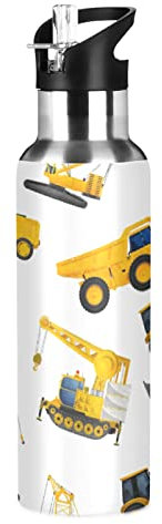 Heavy Machinery Gelb Bagger Wasserflasche Trinkflasche mit Strohhalmdeckel Auslaufsicher Isolierte Edelstahl Thermosflasche für Jungen Mädchen Gym Sport 600ml