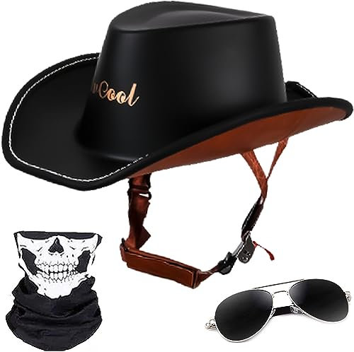 Motorrad Open Face Jet-Helm, Western-Cowboy-Hut mit breiter Krempe, Chopper Helm, Retro Motorrad Helm, Tourenhelm ECE/DOT Zertifizierung Halbhelme für Adults Herren Damen