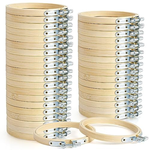 Caydo 48 Pieces 4 Inch Embroidery Hoop Bulk Small Embroidery Hoop Wood Circle Cross Stitch Hoop for Christmas Ornaments, Sewing Craft, Home Decoration
