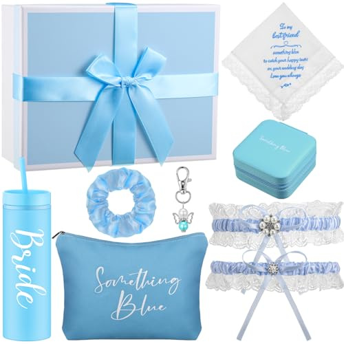 SilTriangle 8 piezas de regalo de boda azul para novia, pañuelo de boda, vaso acrílico delgado de 16 onzas, liguero de encaje, ramo de ángel, bolsa de cosméticos, coleteros, caja de regalo, joyero