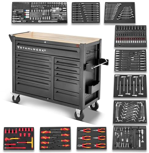 STAHLWERK Werkstattwagen Dino bestückt mit 364 Premium-Werkzeugen aus Chrom-Vanadium abschließbarer XXL Werkzeugwagen | Profi Montagewagen mit 12 Schubladen und gummierten Long-Life-Rollen