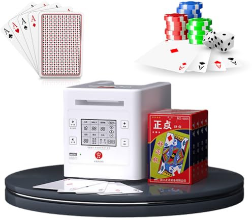 Verbessern Sie Ihre Kartenspiele mit dem wiederaufladbaren 360° drehbaren Kartenhändler - Automatische Mischmaschine für UNO, Blackjack, Texas Hold'em - OLED-Display, 4 Decks, bis zu 12 Spieler