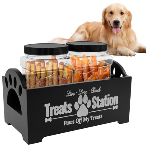 Guniata Dog Treat Container, Wood Food Storage With 2 Plastic Jars, Cookie Jar for Pet Owners and Lovers (Black)