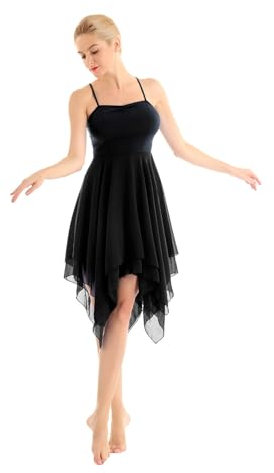 GSJNHY Lyric Damen-Kleidung, ärmellos, asymmetrisch, Chiffon, lyrische Tanzkostüme, Ballett-Tutu, Gymnastikanzug, Performance, Illusion, Tanzkleidung (A-Schwarz, L)
