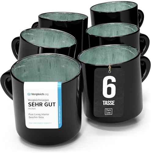 Steingut kleine Tassen 6 Pers. Ibiza Hochwertiges Mediterranes TEST SEHR GUT Tassen Set, Spülmaschinen-, Mikrowellen- und Kratzfest - Stylisches Tee- und Kaffeebecher Set - Pure Living in Meeresgrün