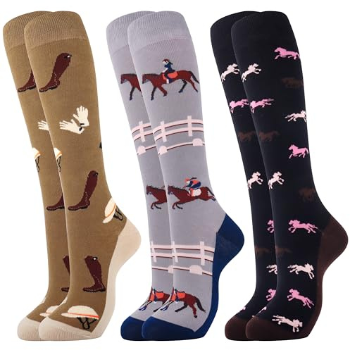 Belloxis Horse Riding Socks 3 Pairs Riding Gifts Knee High 4-7 Socks for Horse Lovers Gifts Women Girls Horses Gift for Long Ladies Cozy Sock Women Boot Equestrian Stuff Clothing Gear