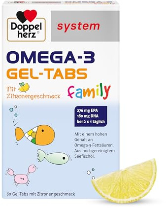 Doppelherz system OMEGA-3 family Zitrone - Gel-Tabs zum Kauen | Enthält 180 mg DHA, ein Baustein des Gehirns, als Tagesportion (2 Gel-Tabs) – 60 Tabs