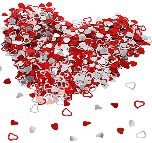 HOWAF Herzen Konfetti Silber Rot Herz Deko Herzen Konfetti Hochzeit Streudeko Tischdeko für Valentinstag Deko Geburtstag Heiratsantrag Jahrestag Valentinstag Dekorationn, 15 mm, über 1000 STK