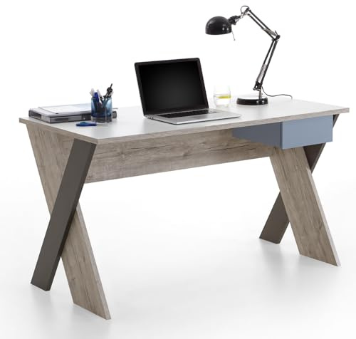 Lomadox Jugendzimmer Computertisch Schreibtisch 135cm in Sandeiche weiß Lava blau, mit Schubkasten