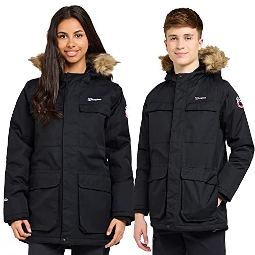 Berghaus Kids' Fourstones Parka Jacket with Adjustable Hood, Removable Faux Fur Trim, Waterproof & Insulated (UK, Age, 13 Years, Regular, Black)