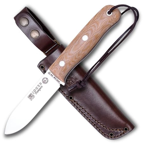 Joker CM113 Trampero överlevnadskniv, bälteskniv med Micarta kanvas brunt handtag, 10,5 cm Sandvik stålblad 14 c28n, verktyg för fiske, jakt, camping och vandring