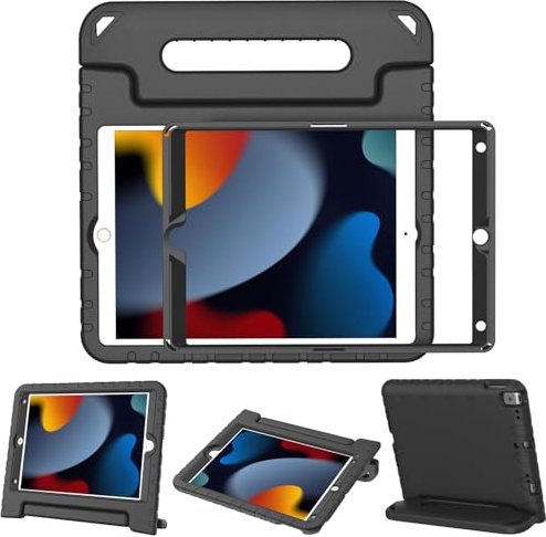 Surom Case for iPad 9th 8th 7th Gen 2021/2020/2019 10.2 Inch, Black | Built-in Screen Protector, Shockproof Convertible Handle Protective Cover, Sturdy Stand, Lightweight Protective Case