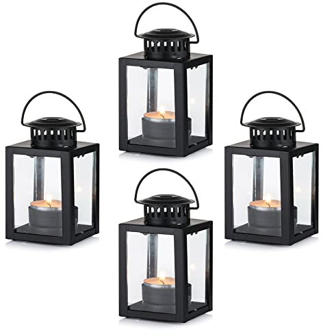 Nuptio Lanterns for Candles Garden Lanterns, 4 Pcs Vintage Style Hanging Small Lanterns for Tealight Candle, Black Candle Tea Light Holders for Indoor Outdoor Events Birthday Party Wedding