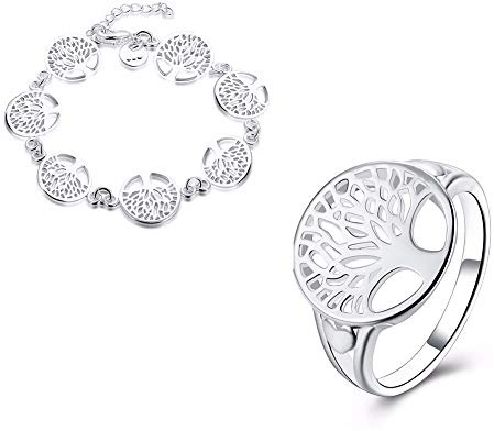 SALAN Bagues De Bracelet d'arbre De Sagesse Set 925 Sterling Silver Arbre De Vie Bracelet Et Anneaux Cadeaux De Noël 2pcs Jeu De Bijoux