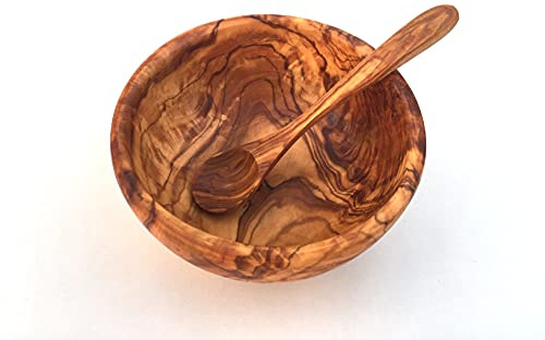 Flingskål med matsked – valbar diameter 16/18 cm – skål och sked – handgjord av olivträ (Ø 16 cm)