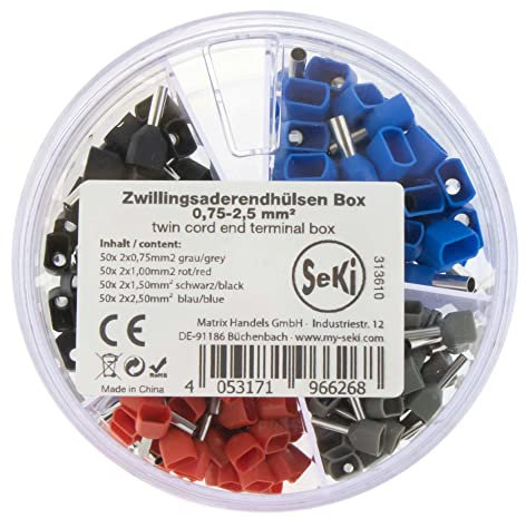 SeKi Lot de 200 embouts de câble jumelés isolés 0,75-2,5 mm² (50 x 2 x 0,75 mm² gris, 50 x 2 x 1,00 mm² rouge, 50 x 2 x 1,50 mm² noir, 50 x 2 x 2,5 mm² bleu)