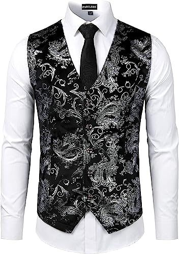 PARKLEES Chaleco de lujo metálico para hombre con estampado de paisley dorado brillante para traje o esmoquin, apto para bodas, bailes y fiestas, plata, L