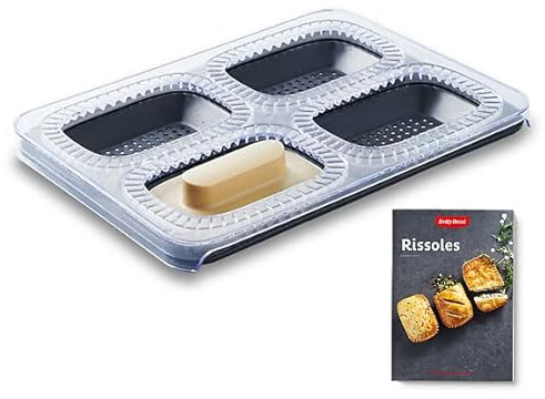 Betty Bossi Backblech für Teigtaschen – 4 Rissoles & Quiches auf einen Schlag – Antihaft-Backform mit Stempel & Schablone – einfache & schnelle Zubereitung