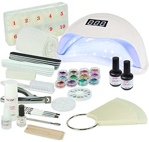 NAILS FACTORY N&BF UV LED Shellac Nagelstudio Starter Set Basis für Gelnägel | Nailart Gelnagelset mit UVA (LED/UV) Lampe Weiss und viel Zubehör | Starter Set für Profis & Anfänger