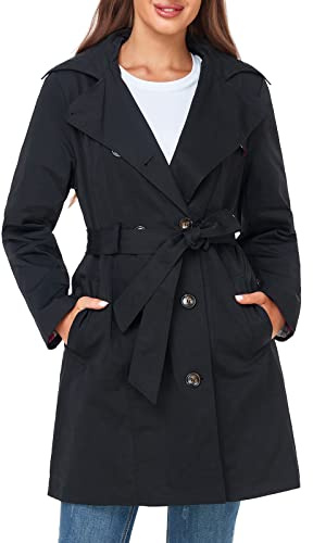 SaphiRose Damen Wasserabweisender Trenchcoat Zweireihiger langer Peacoat mit abnehmbarer Kapuze, Schwarz, XXL