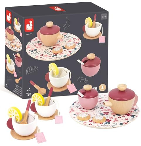 Janod - Servizio da Tè Twist - 16 Accessori Legno e Feltro - Giocattolo di Imitazione - Servizio Tè Bambini - in Legno FSC - Dai 2 Anni, J06631