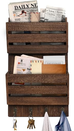 Post-Organizer Wandhalterung mit 4 Schlüsselhaken, rustikaler Holzbriefsortierer, Bauernhaus-Schlüsselhalter für Wanddekoration, 2 Fächer, Wandordner und Zeitschriften, Rechnungen, Briefhalter (Braun)