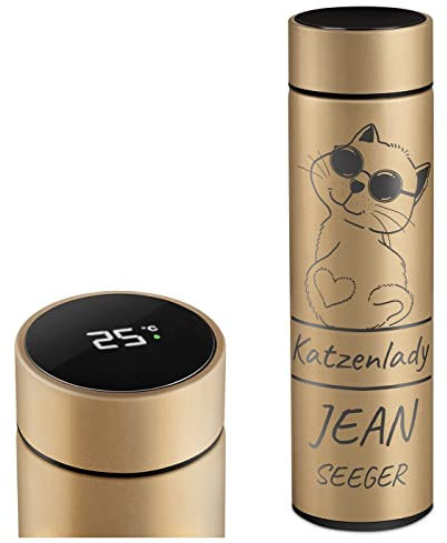 Maverton Kaffee Thermobecher 450 ml mit Gravur - Kaffeebecher mit LED-Touch-Anzeige - auslaufsicher 100% dicht - Reisebecher aus Edelstahl für Frauen - Farbe: gold - Katze