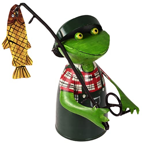 Zaunhocker Frosch Angler rot mit Fisch 21 cm Figur aus Blech Metall Petri Jünger Fischer Angel Garten Deko Garten Balkon Dekofigur Pfostenhocker Froschkönig