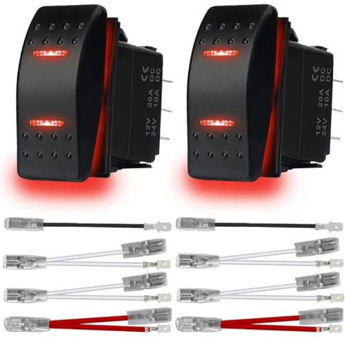 MKBKLLJY 2St. Automatischer Sperr-Wippschalter Ein/Aus/Ein 3 Positionen Wasserdichtes DC 12V/20A 24V/10A 7Pin DPDT Rotes LED Licht, mit Überbrückungskabel Set für Boot LKW Auto
