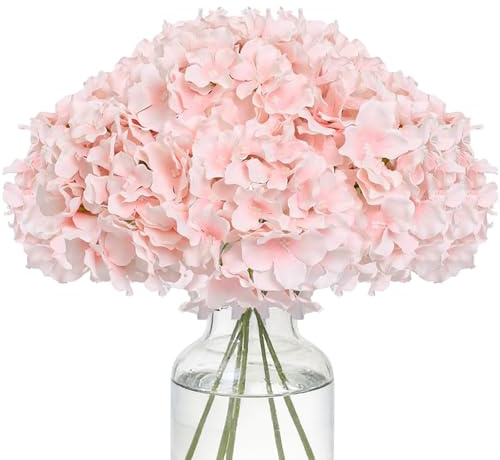 FLORRALIA Fake Pink Hydrangea Artificial Flowers - Faux Silk Hydrangeas Flowers Heads with Stems Real Touch for Home Wedding Party Table Decor(Pink,Pack of 10)