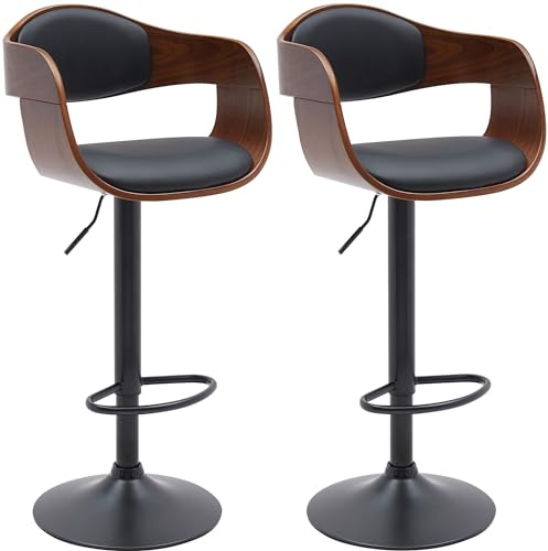 CLP Barhocker 2er Set mit Lehne Kingston, Barstühle gepolstert mit Kunstleder oder Stoffbezug, Tresenstühle höhenverstellbar | Farbe walnuss/schwarz Material Kunstleder
