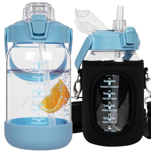 Seekua 1l Glass Water Bottle with Straw & Motivational Time Markings 1 litre Large Leakproof Gym Drinking Bottle