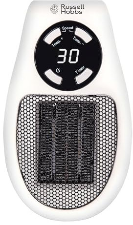 Russell Hobbs RHPH2001 Heater with Ceramic Plug-in Heater, 500 W, Adjustable Thermostat, 12-Hour Timer and LED Display, 2 Fan Speeds, White