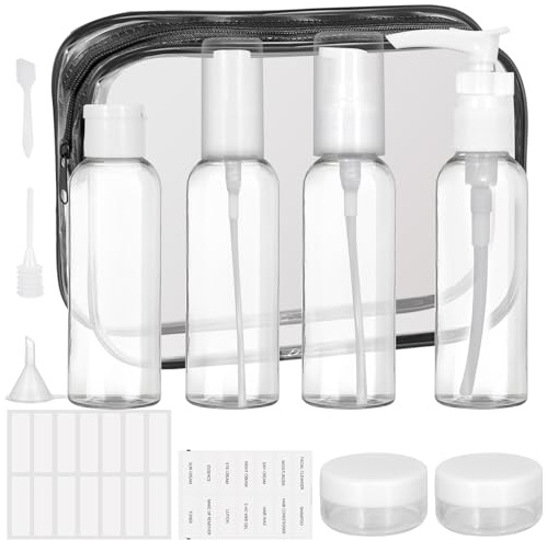 Bottiglie da viaggio in plastica trasparente da 60 ml, ricaricabili con piccolo imbuto e contagocce, bottiglie spray da viaggio per articoli da toeletta, bottiglie da viaggio con etichette e borsa