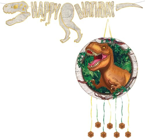 OH YEAH Piñata zum Kindergeburtstag, Dinosaurier mit Girlande, große Geburtstags-Piñata, Girlande, Dinosaurier, Dekoration für Kinderpartys, Pinata 47 cm und Girlande 2,15 m, einfache Montage
