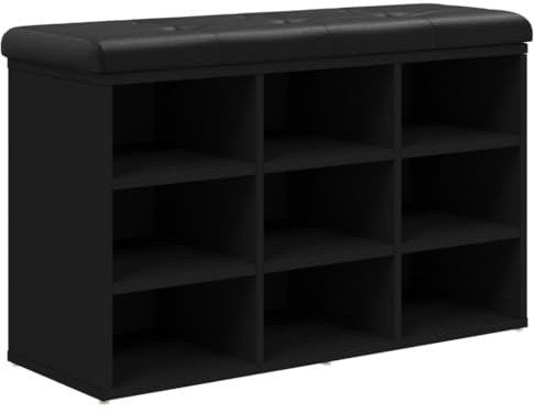Makastle Schuhbank mit Sitzfläche, gepolstert, 9 offene Fächer, Sitzbank, Schuhschrank, Schuhaufbewahrung, Schuhregal für Wohnzimmer, Flur, Schwarz 82x32x50 cm Holzwerkstoff