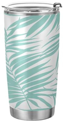 JUMBEAR Vaso de 590 ml, diseño de hojas de palma coloridas, acero inoxidable, aislado al vacío, taza de café y agua, taza térmica de viaje para el hogar y exteriores