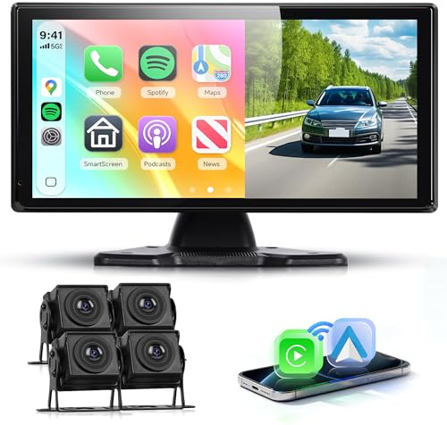 Rimoody 4K Rückfahrkamera 4 Kameras Set mit Wireless Carplay Android Auto, 10.36 Zoll Monitor 4 Geteilte Bildschirm, Bluetooth/FM Sender/Loop Video/WiFi Video/Parkmonitor für LKW/Bus/Van/Wohnmobile