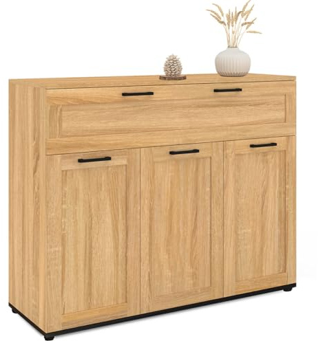 IDMarket - Buffet 100 cm VITO 3 Portes et 1 tiroir façon hêtre et poignées Noires